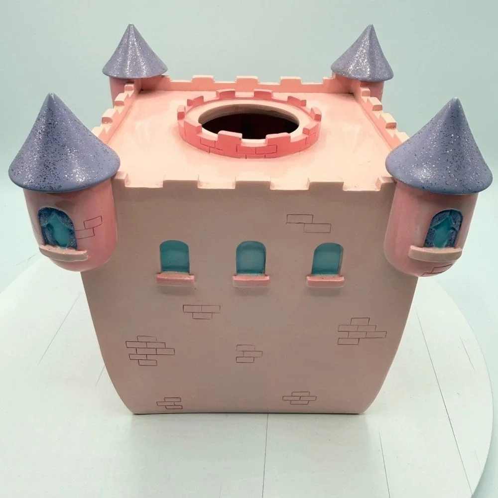 Pink Princess Castle Tissue Box Cover Glitter Turrets Resin Nursery Decor Square